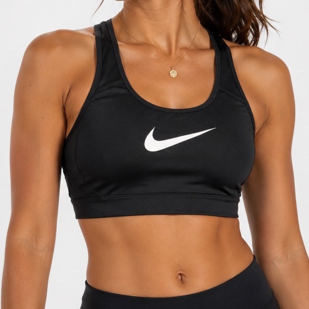 Nike Womens Medium Impact Racerback Sports Bra Black White Swoosh Large
